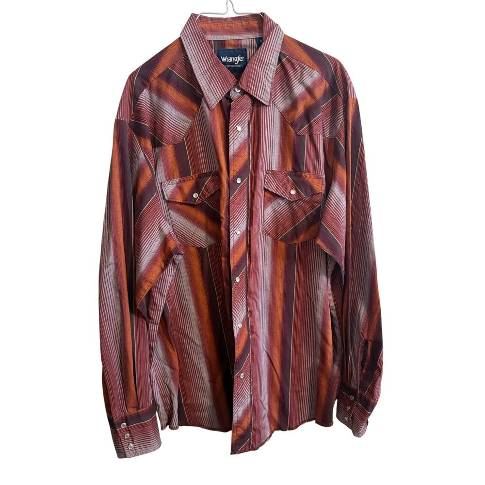 Wrangler Red/Orange Striped Western Pearl Snap Long Sleeve Shirt - XL